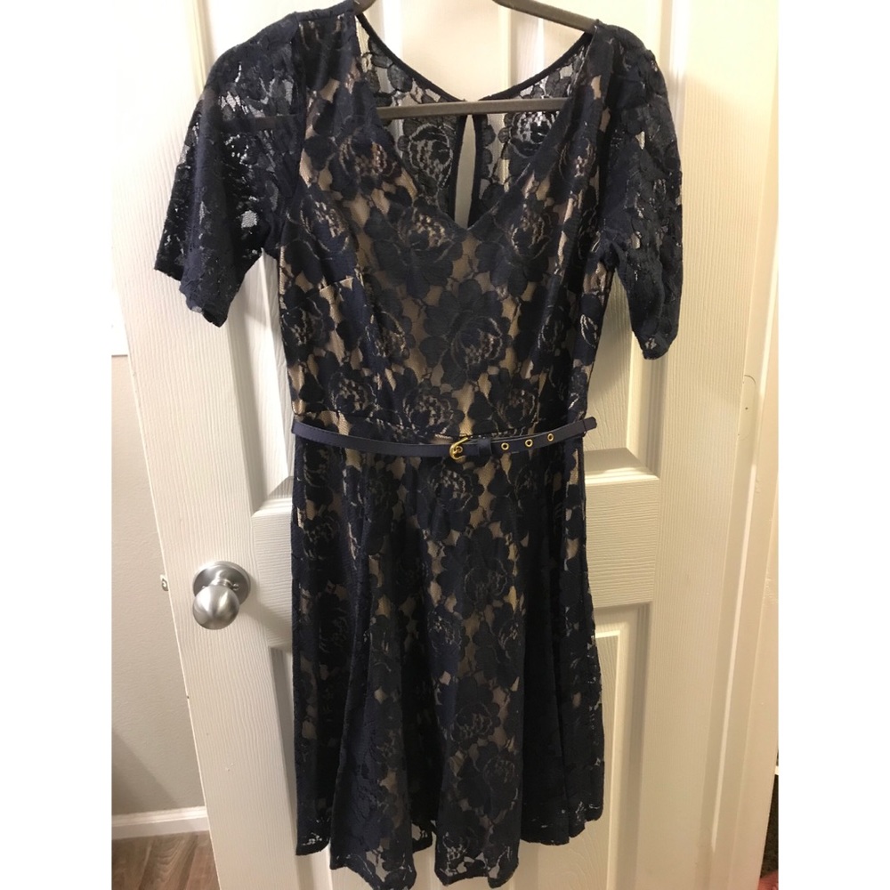 Blue Floral Lace Belted Dress